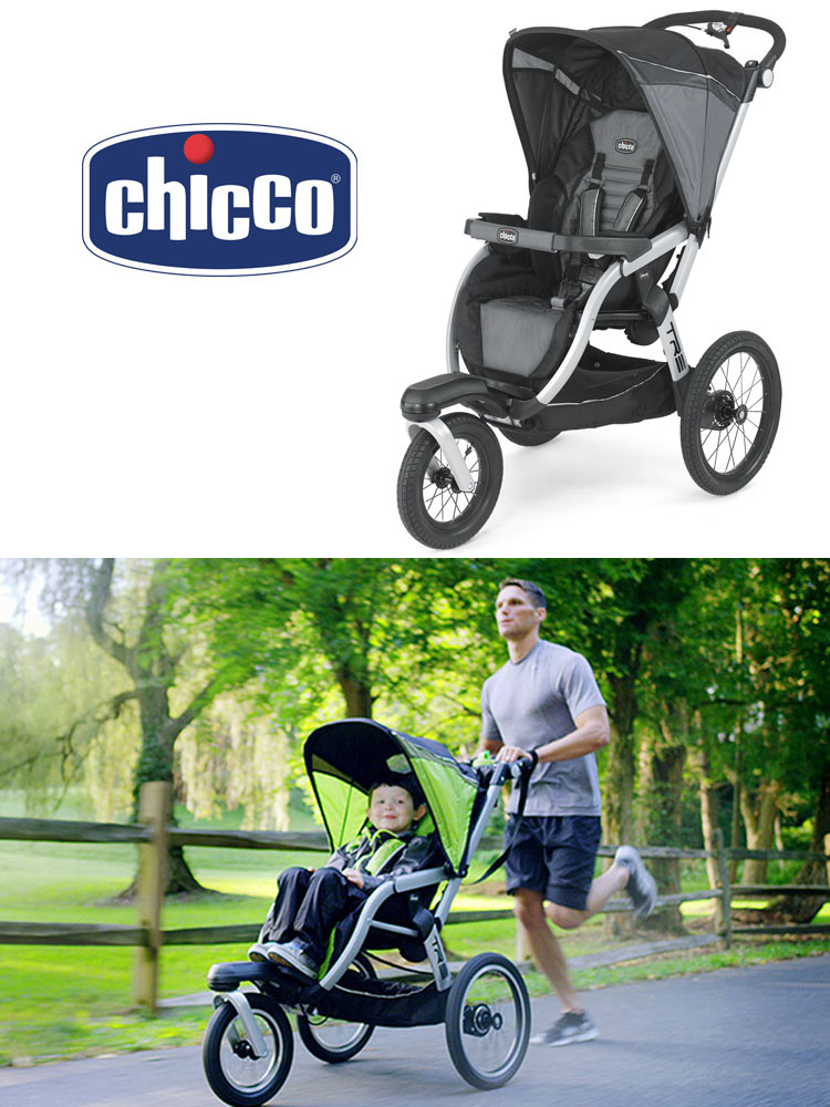 a man jogging while pushing a child in the chicco tre stroller