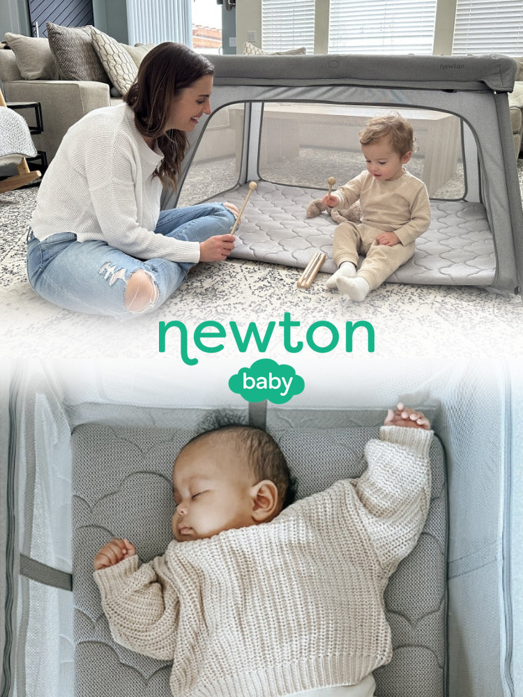 a mom and baby playing next to the newton travel crib and a baby sleeping in the crib