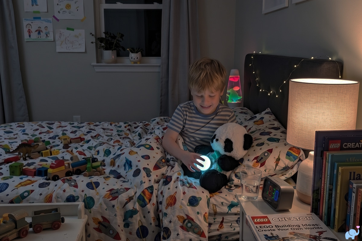 child sitting in bed talking to the haivivi bubblepal