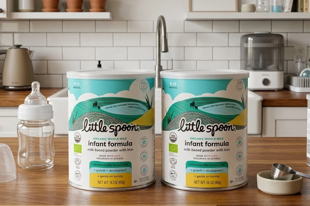 two tins of little spoon baby formula on kitchen counter during review