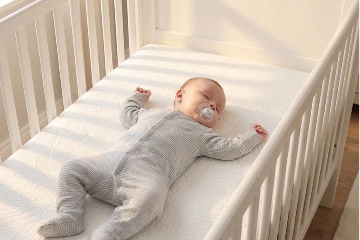 a baby sleeping on the love to dream gro crib mattress