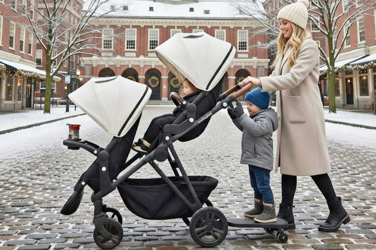 mom pushing the new mockingbird 3.0 stroller through a boston winter scene
