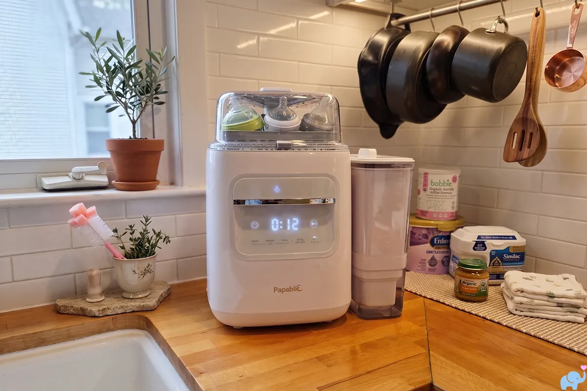 papablic safeguardplus baby bottle washer on kitchen counter